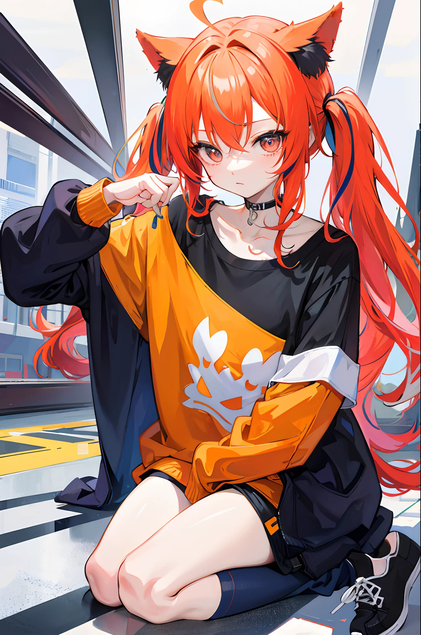 Yevochka Anime, stands, Wearing an orange sweatshirt and sweatpants, Long Yellow Sweatshirt, in a tracksuit, Wearing a tracksuit,Long beautiful hair, Anime girl with cat ears, ultra-detailliert、tmasterpiece、topquality、BREAK、official arts、(Beautifully Aesthetic:1.2)、(watercolor paiting:Curly)、BREAK、Teen Skinny 1.2 sixteen years、BREAK、hairlong, ((split-color hair:1.4、Seven-Color Hair:1.4))、Striped Hair