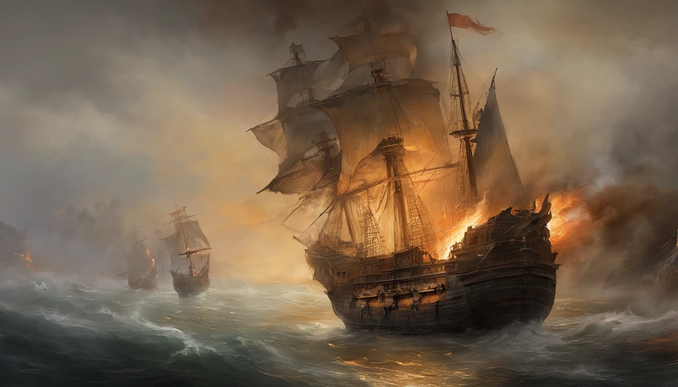 ink wash style,Burning sea,Burning ships,Smoke billowed out,Dimly lit sky,((the fire)),karo,cannon fire,(illustratio:1.0)、Epic composition、Realistic lighting、high definition detail、tmasterpiece、Best quality,(非常详细的 CG 统一 8k 壁纸)