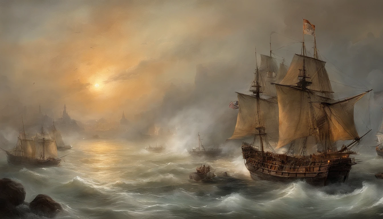 ink wash style,Burning sea,Burning ships,Smoke billowed out,Dimly lit sky,((the fire)),karo,cannon fire,(illustratio:1.0)、Epic composition、Realistic lighting、high definition detail、tmasterpiece、Best quality,(非常详细的 CG 统一 8k 壁纸)