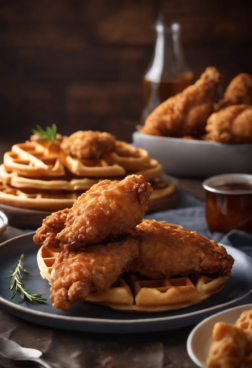 best quality,4k,8k,highres,masterpiece:1.2,ultra-detailed,realistic:1.37, fried chicken on waffles,sumptuous presentation, golden brown, crispy fried chicken drumsticks and wing,mouthwatering,vivid colors,exquisite plating, amber colored maple syrup pouring from above, food porn, pats of butter on waffles, home cooking, authentic cuisine,culinary masterpiece,soul food,culinary heritage
