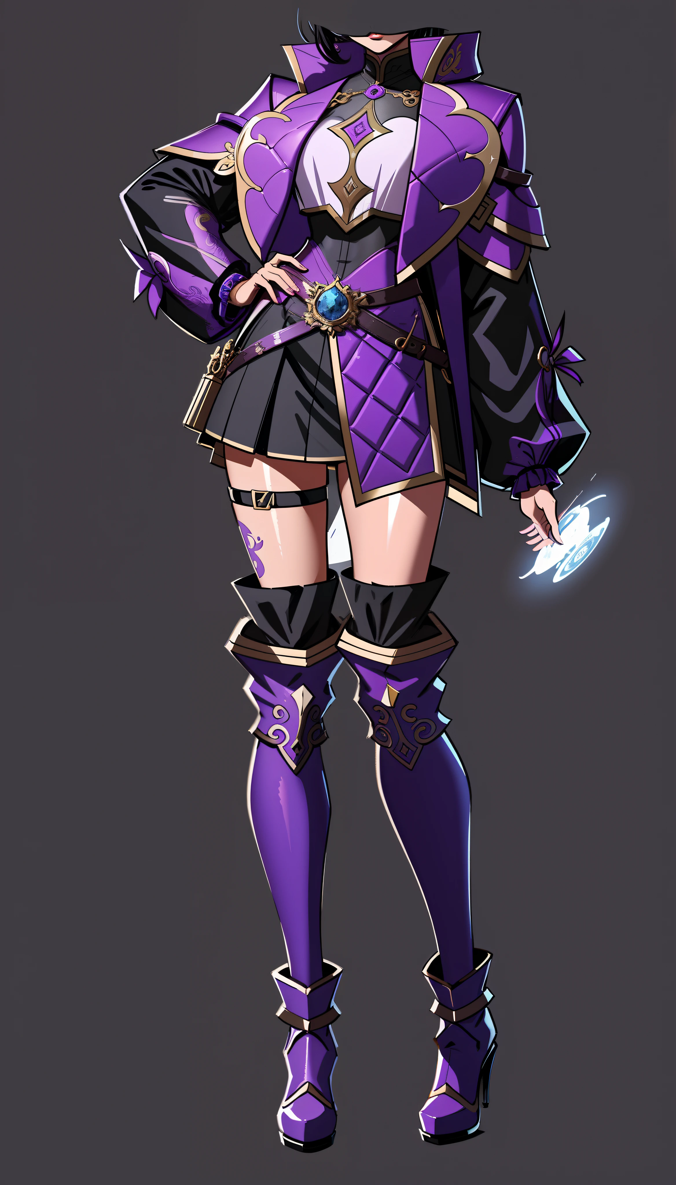 A woman in a purple dress and black boots stands, lunar themed attire, full-body xianxia, detailed full-body concept, expert high detail concept art, clothing design, detailed full body concept art, fantasyoutfit, wearing dark purple armor, detailed character art, Character artwork, highly detailed exquisite fanart, clear outfit design, Detailed character design, full body concept,High- sharpness,A high resolution,Works of masters