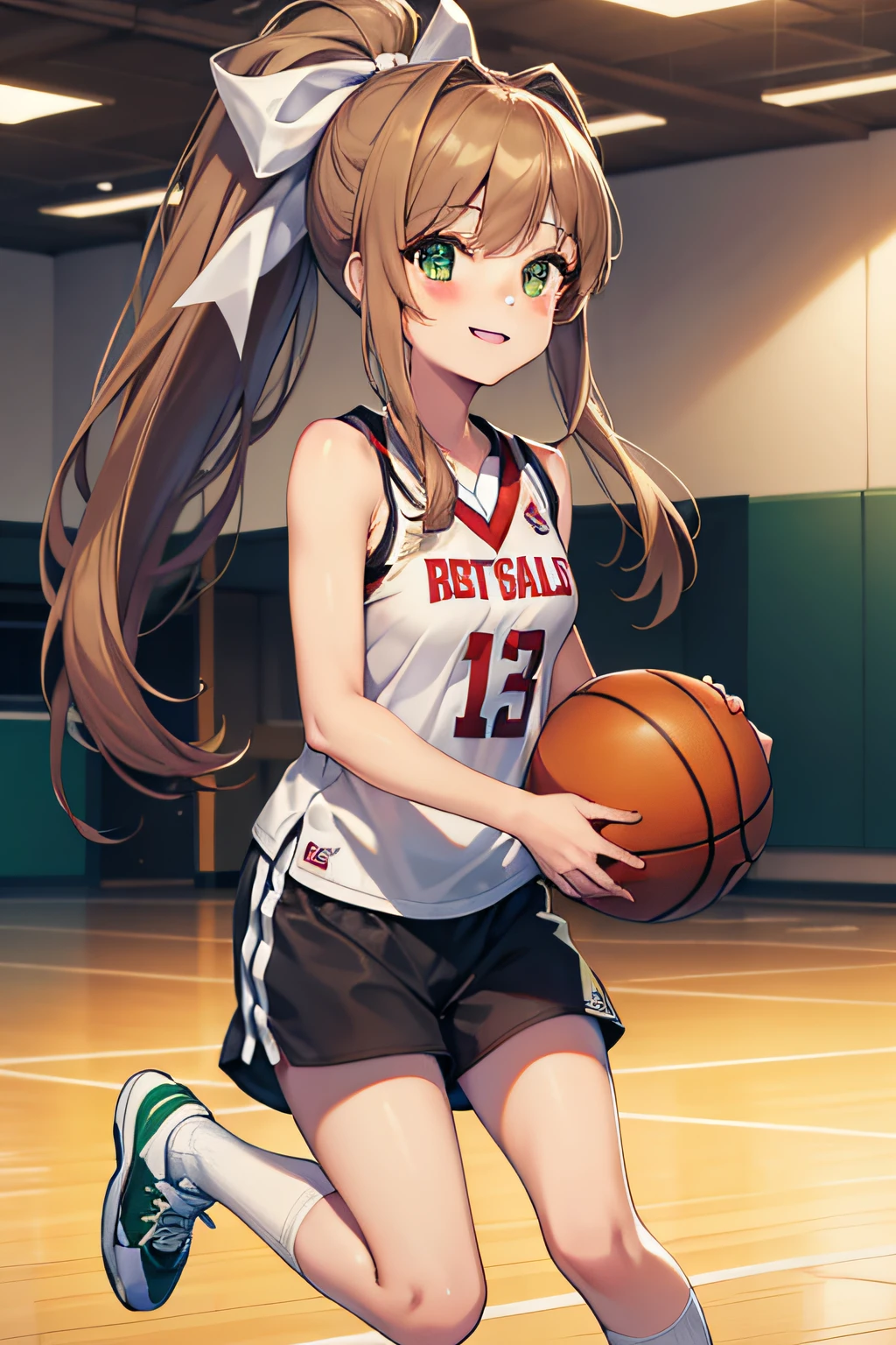 Masterpiece, hd, best quality, 1girl, solo, monika, green eyes, brown hair, very long hair, ponytail, hair ribbon, white ribbon, wear basketball team tanktop , basketball shortpants, basketball, basketball court, indoor, wear white socks, basketball l, shoes, smile