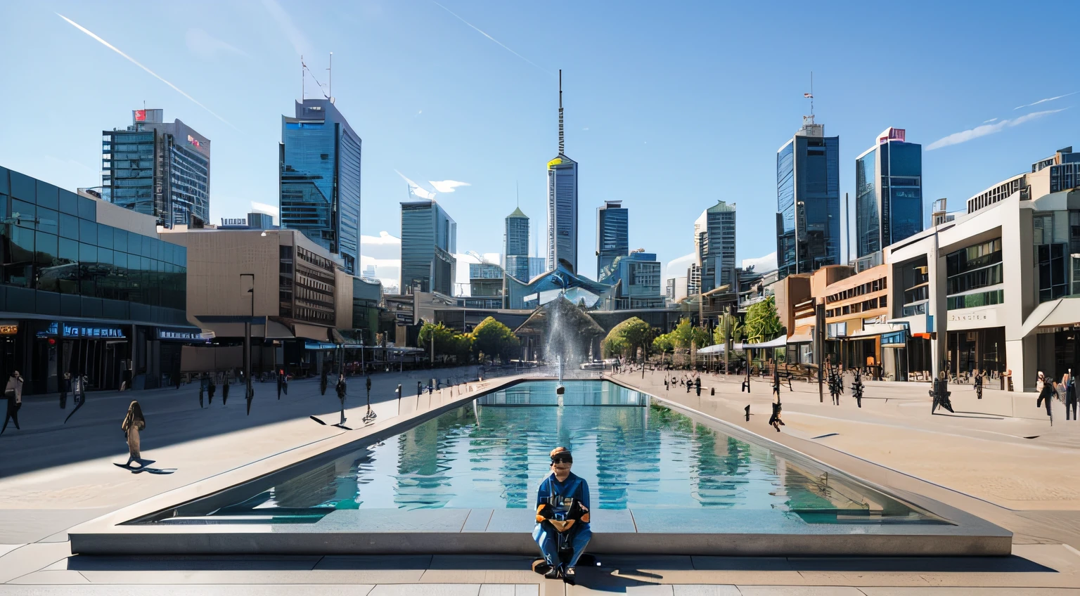 a hyper realistic photography of the Federation Square in Melbourne, no people, Nikon D850 DSLR 4k camera, 100mm lens, F 1.2 aperture setting, bright and natural lighting, vibrant, fun and relaxing atmosphere