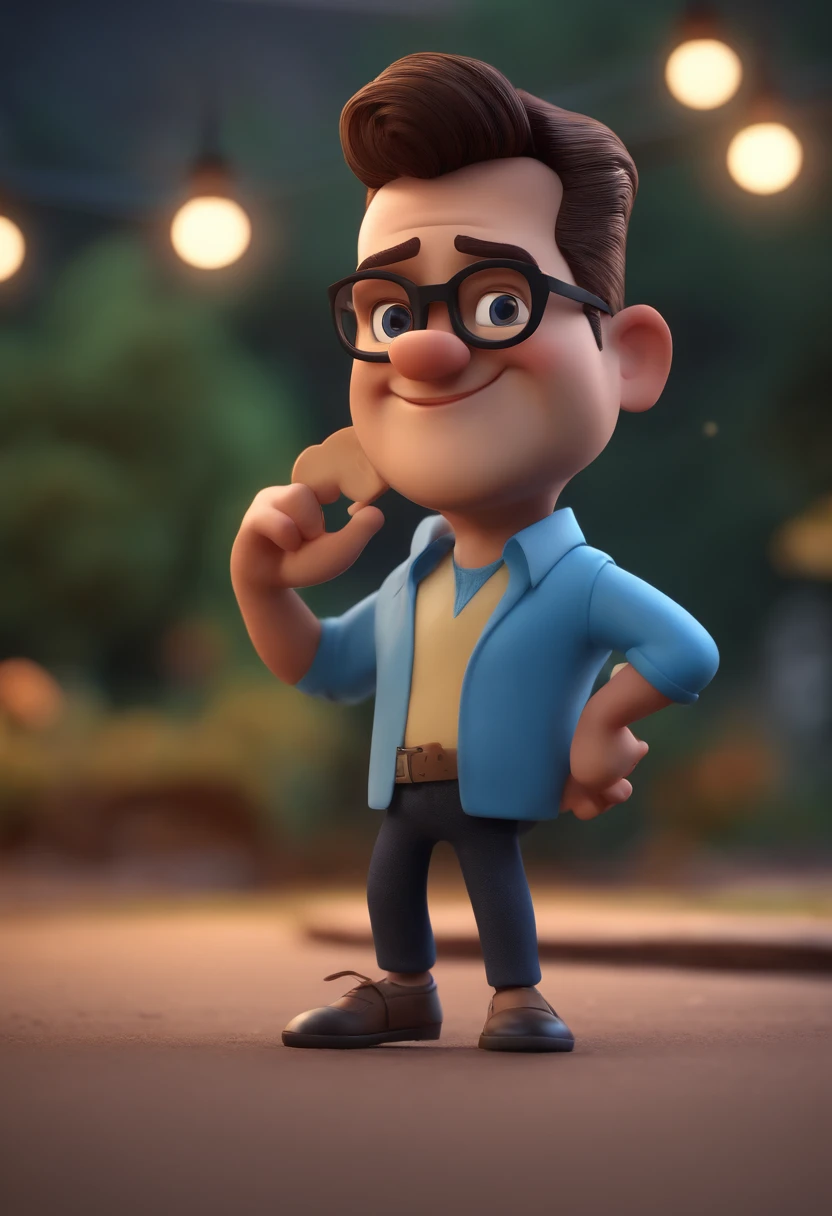 Cartoon character of a man with black glasses and a blue shirt, animation character, Caractere estilizado, animation style rendering, 3D estilizado, Arnold Maya render, 3 d render stylized, toon render keyshot, Personagem 3D, Personagem 3D, 3d rendering stylized, 3 d character render, personagem de desenho animado, Personagem de close up, Pose de personagem, (Estilo Pixar) (master part:1.2) (Bokeh) (best quality) (pele detalhada) (textura detalhada) (8k) (argila) (Cinematic lighting) (foco nítido