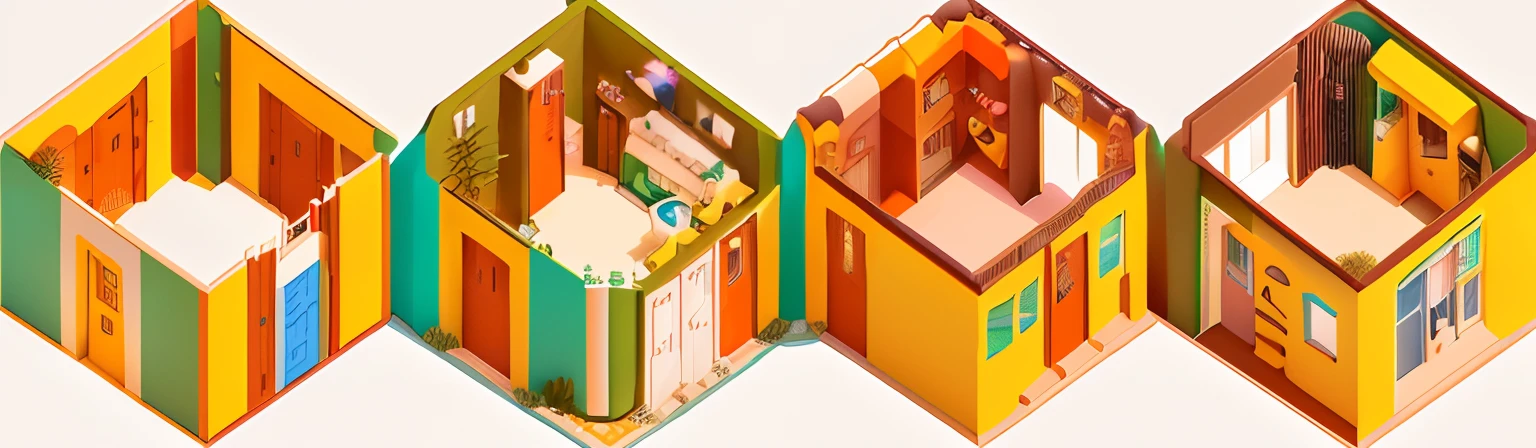 Tres cometas de diferentes colores cuelgan de una pared, isometric style, isometric illustration, Isometric, Habitaciones segmentadas aleatoriamente, isometric art, not isometric, isometric illustration fun, isometric angles, Isometric environment, isometric house, Colorido plano surrealista, isometric 3D, isometric design, isometric 3 d, Colorful surreal flat design