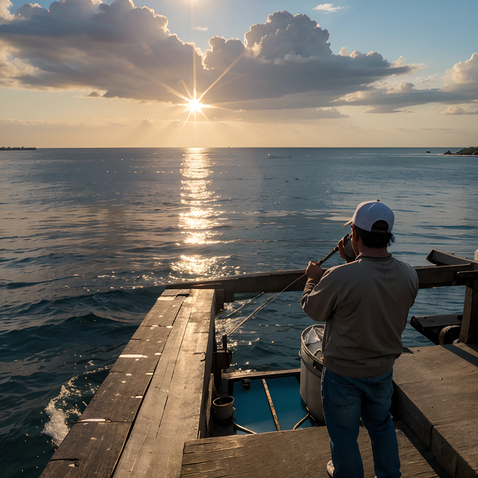 Sun, fisherman, good view from afar,