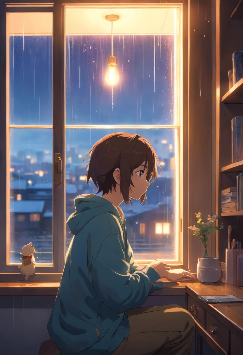 ,masterpiece, best quality,8k, ultra highres,The protagonist sits by the window,Looking out the glass window at the drizzle。The raindrops seem to represent the tears in the protagonist's heart,Scratch a blurry mark on the window。The lights in the room are dim,Shines on the protagonist's face through the window,Reflecting his somber and sad expression。The whole picture reveals a warm and sad atmosphere。