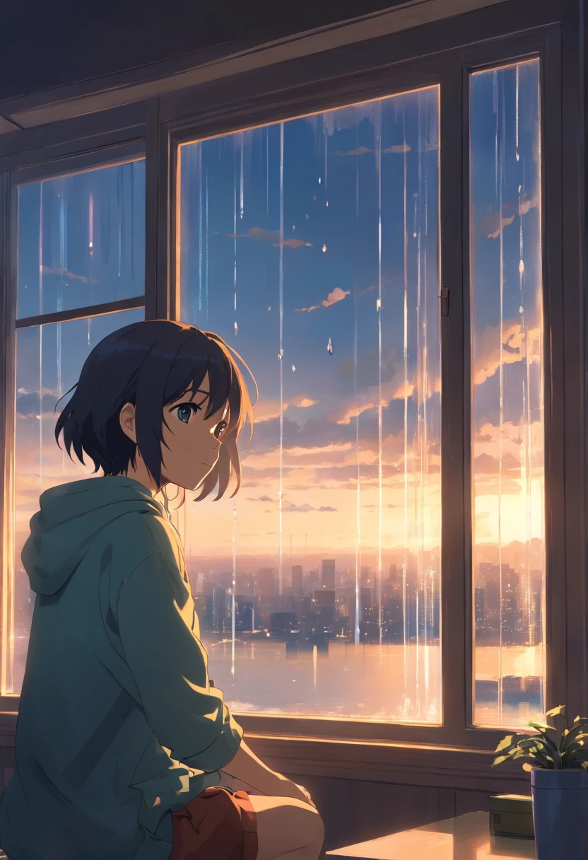 ,masterpiece, best quality,8k, ultra highres,The protagonist sits by the window,Looking out the glass window at the drizzle。The raindrops seem to represent the tears in the protagonist's heart,Scratch a blurry mark on the window。The lights in the room are dim,Shines on the protagonist's face through the window,Reflecting his somber and sad expression。The whole picture reveals a warm and sad atmosphere。