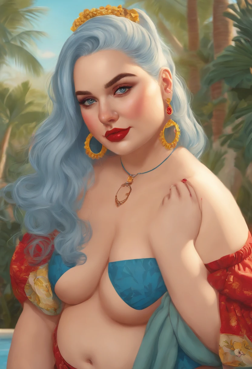 Fat girl, obese girl , with short light blue hair in a ponytail, with small yellow round earrings in her ears, with light blue eyes and red lipstick, with red eyeliner,with big breasts, With a big butt And in a bathing suit, Clutching her belly, happy