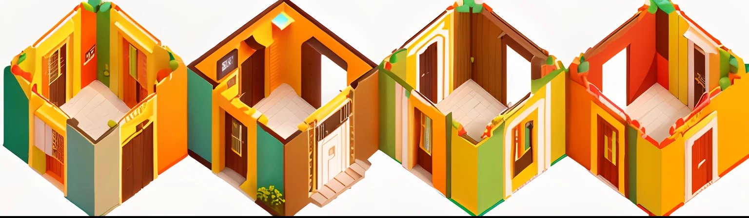 Tres cometas de diferentes colores cuelgan de una pared, isometric style, isometric illustration, Isometric, Habitaciones segmentadas aleatoriamente, isometric art, not isometric, isometric illustration fun, isometric angles, Isometric environment, isometric house, Colorido plano surrealista, isometric 3D, isometric design, isometric 3 d, Colorful surreal flat design