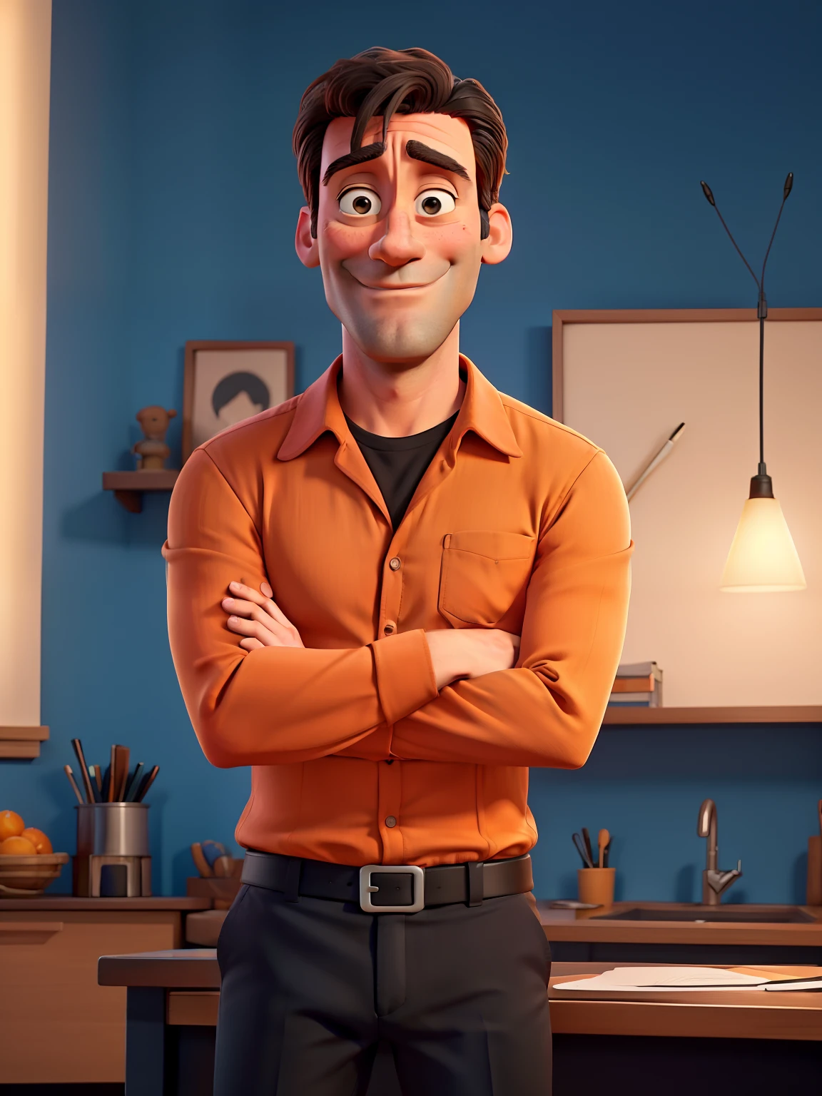 Jon Hamm, Cartoons in orange shirt and black pants, arms crossed, olhando para frente e sorrindo com os dentes aparecendo;