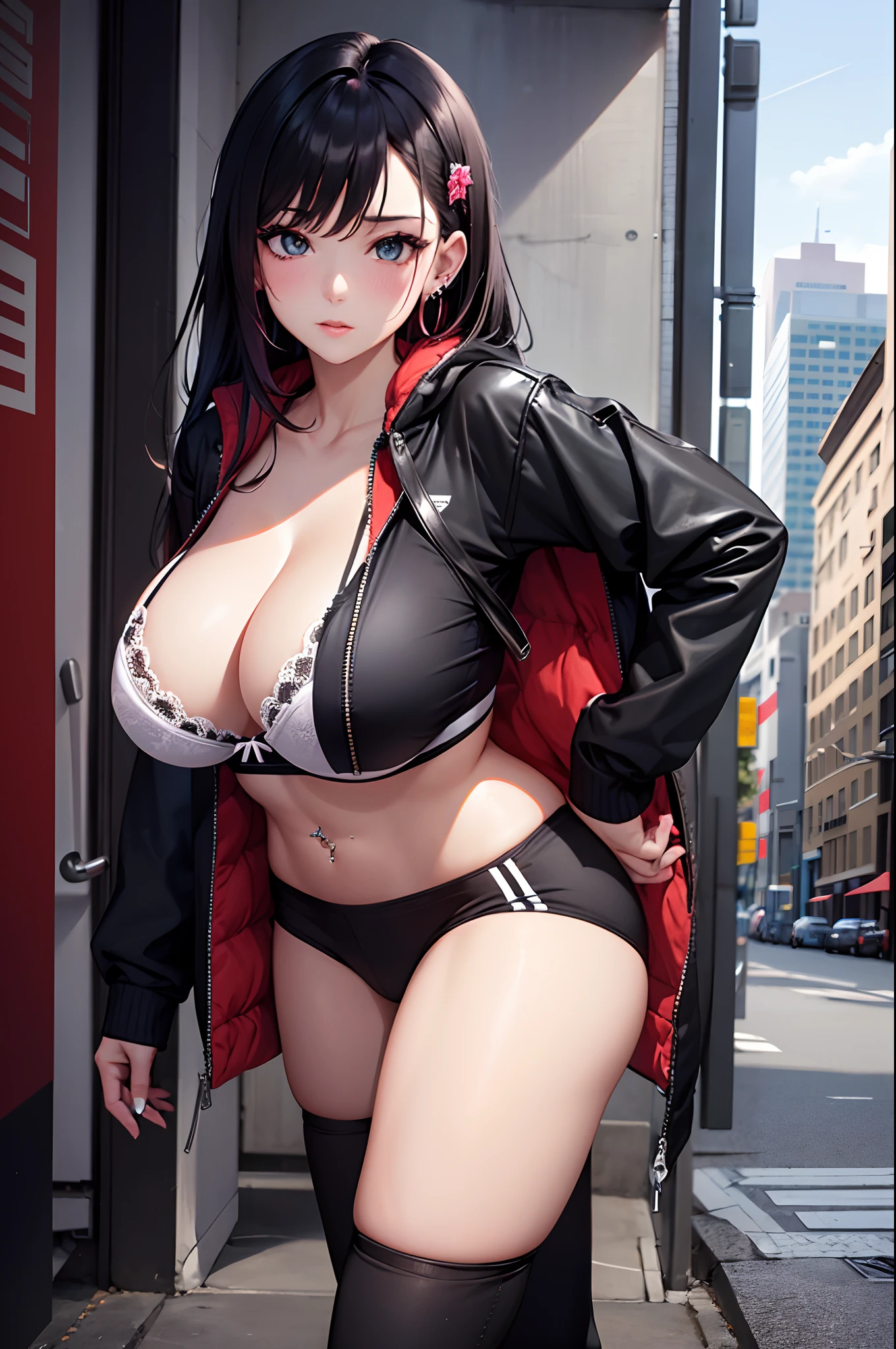 1girl, absurdres, high res, extremely detailed ultrasharp, 8K, masterpiece, city background, looking at viewer, human, thighs, breasts, big breasts, sideboob, long hair, multicolored hair, makeup, bra, open jacket, ear piercings, hair ornament, sweatpants, transparent