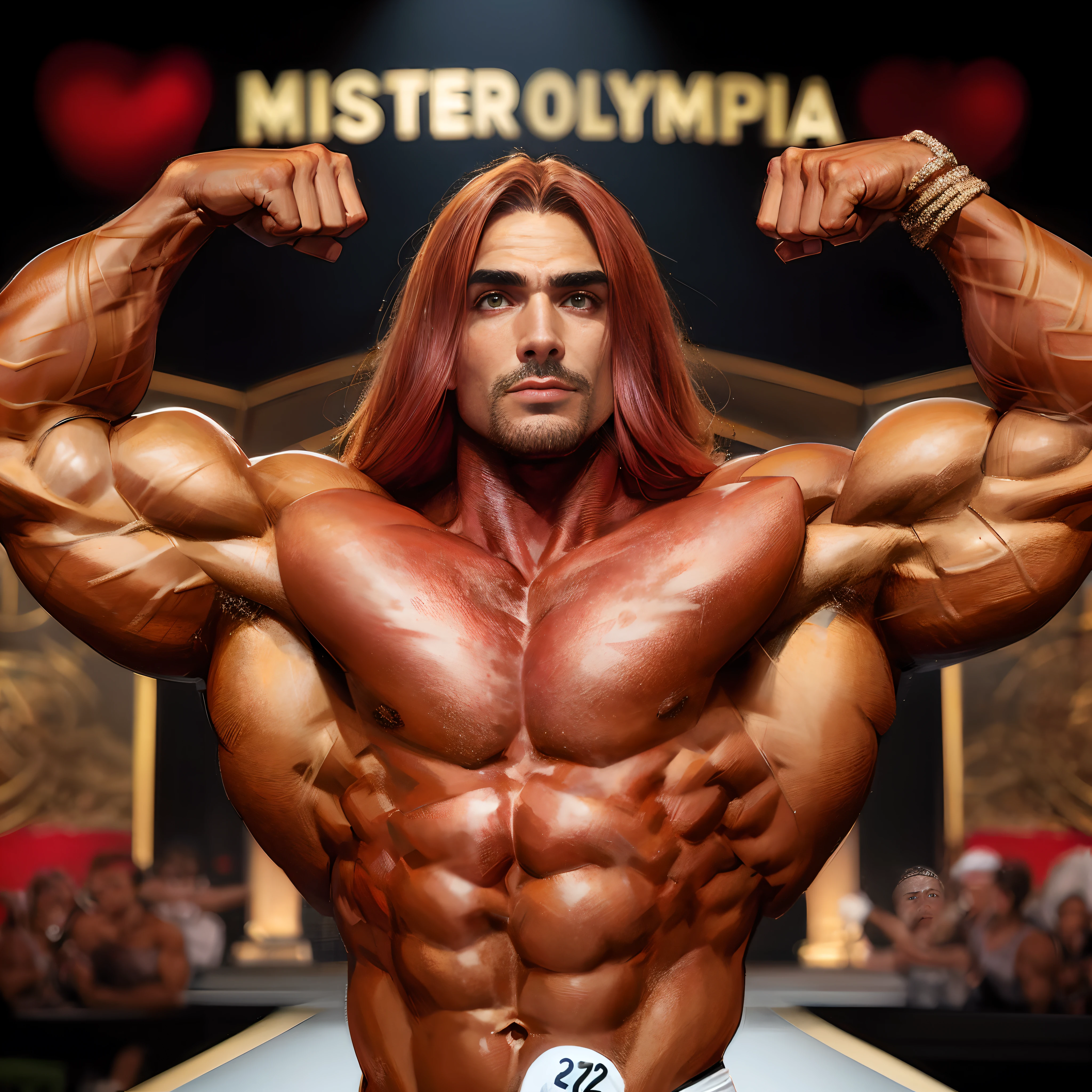 arafed Mexican  man with long red hair posing for a picture, mr universe, exaggerated physique, exaggerated muscle physique, extreme muscles, exaggeratedly large physique, musculine, inspired by Viktor Oliva, muscular character, very beautiful. big muscles, absurdly muscular physique, chiseled muscles, bodybuilder physique, bodybuilder, muscular!!, upper body only