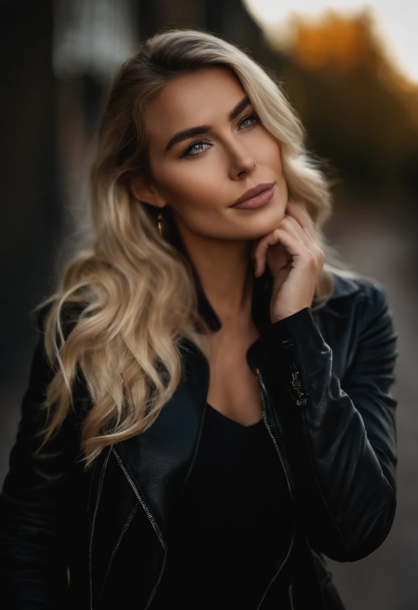 Blonde woman in black jacket posing for a photo with her hand on her chin, com uma paisagem de fundo