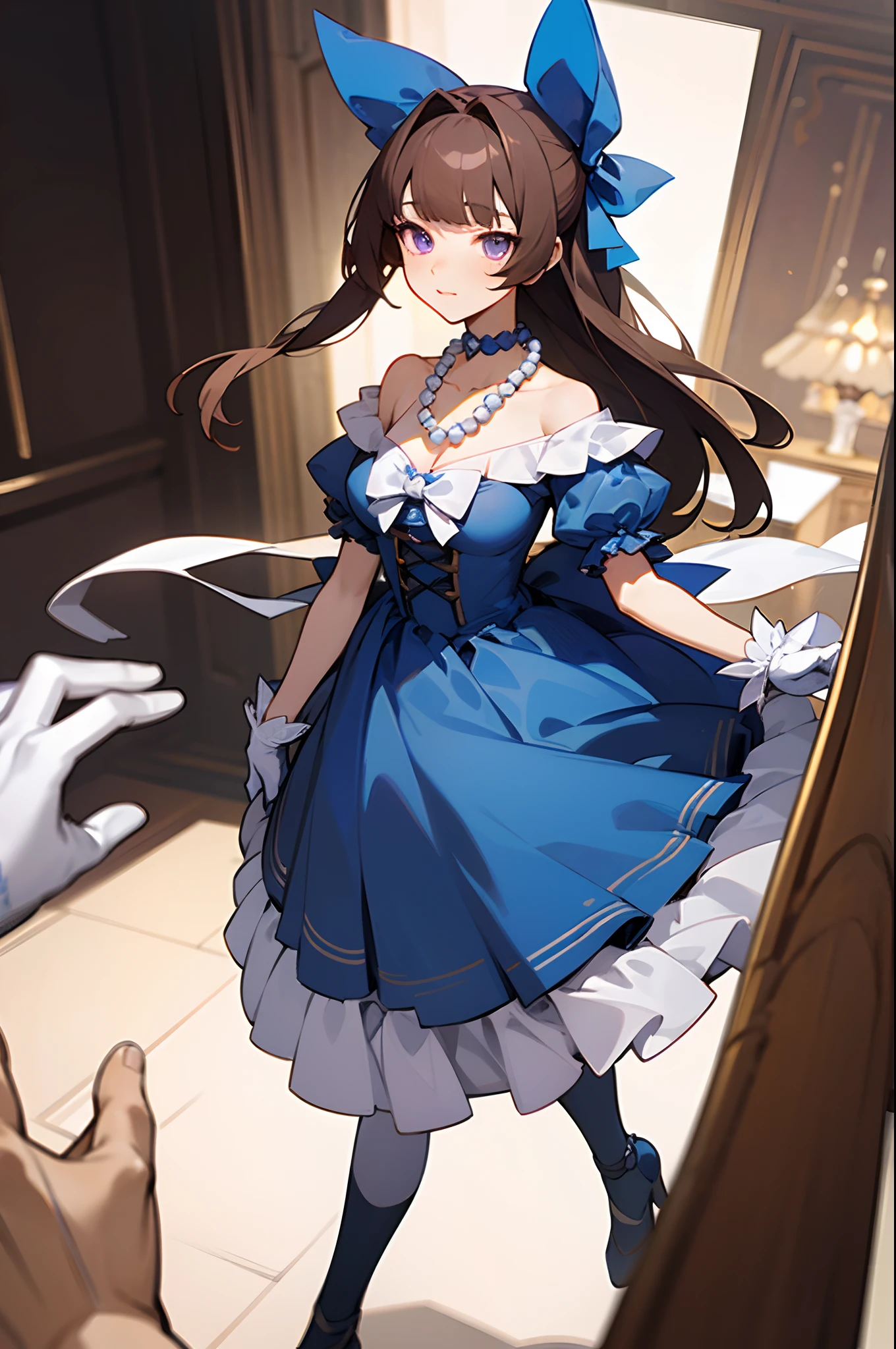 solo, solo focus, 1girl, The Nobleman's Retort, Hentai Game, RPG Hentai Game, Isabel, Hime bangs, brown hair, long hair, Blue bow in hair, Blue choker, white bead necklace, blue off shoulder dress, Frilly dress, white gloves, purple eyes, background nobleman's mansion, Masterpiece, best quality, fullbody portrait,