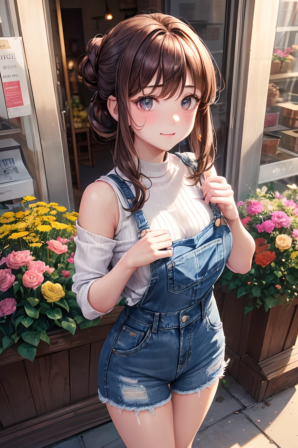 (masutepiece, Digital Art, Digital Illustration, 4K, 8K, Ultra-detailed, beautiful image, Sharp Image, Photorealistic, Raw photo, Perfect face, Perfect lines, Perfect eyes, Soft lighting) 1 woman, (Light brown hair color,Chignon Hair,Troubled face,embarrassed from,Kamimei,kawaii,delicate girls,Casual knit,damage denim,Denim skinny pants,Pink lips,natural make up,a baby face,Innocent big eyes,Height 147 cm,A 23-year-old girl,skinny,Short,clean:1.3),(1 cute girl in a suit and 1 handsome man:1.2), (ember,Men in suits,well-muscled,Firm shoulder width,Adult male,Boyish hairstyle,28-year-old man with bright smile:1.2),The sun's rays illuminate the room,Flower Shop,Florist's storefront,colorful flower,Surrounded by many flowers,Troubled face,Pretty girl in a florist,Girl Selling Flowers,Florist clerk and customer,Kissing,独奏,Full body painting,(One Girl And One Man:1.4),Cheek dyeing、gasping face、embarrassed、boredom、begging、Unhappy、Greedy expression,Shop at a florist,Date at the flower shop,Give a bouquet,floral arrangements,Unfold the construction paper and sketch,(damage denim,Street fashion,Oversized Blouson,Infant face:1.3),pinafore,At work,