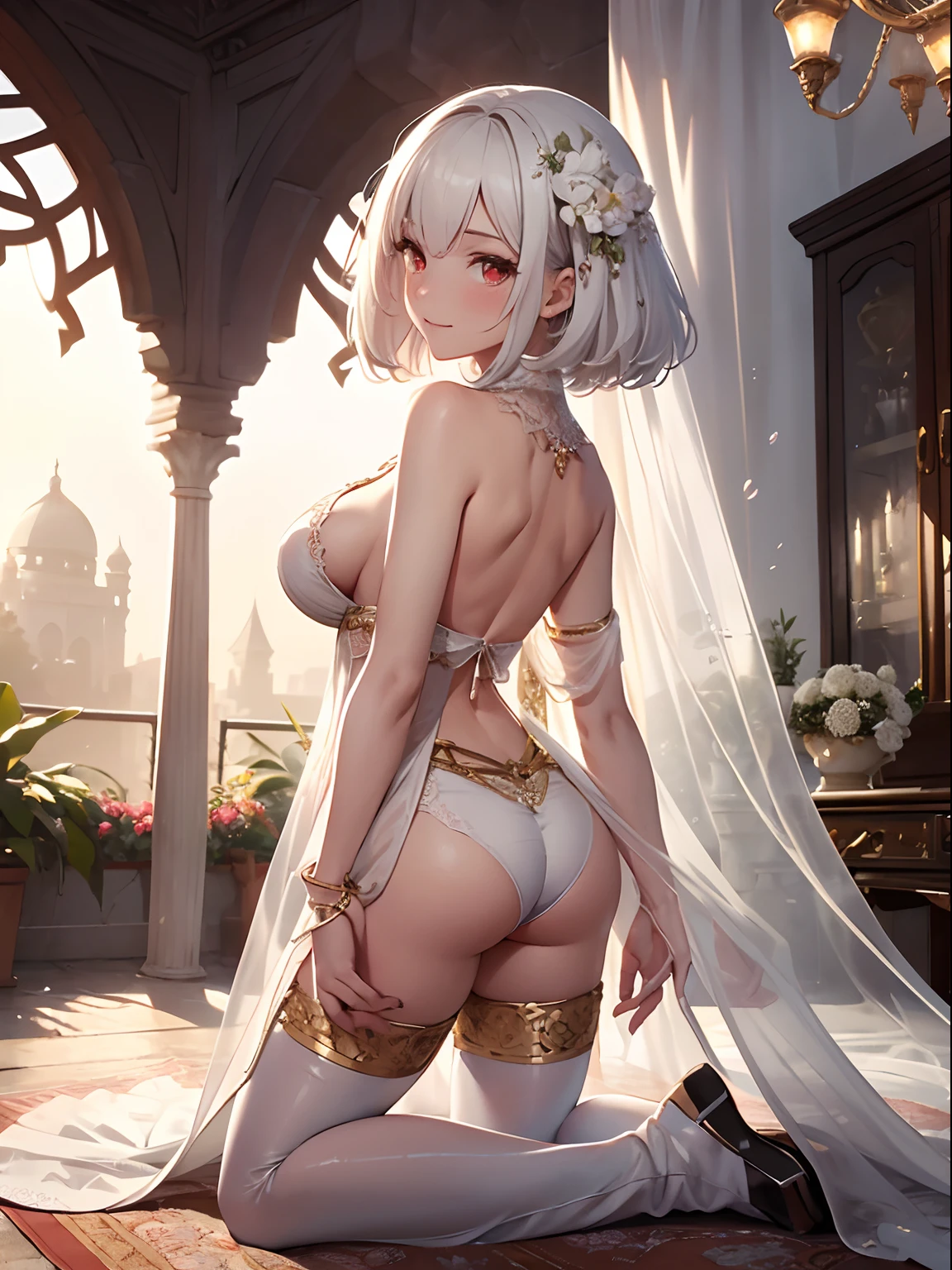 (Enrich your images,Masterpiece-level quality)Beautiful 8K CG artwork,Goddess-like posture,Kneeling exercise,Slim and soft,(Translucent skin,Platinum Brand,bob cuts,the skin is fair and juicy,,,,,,,:1.3),Outlook Part 1.2x Enhanced silhouette effect,(white short pants,Black knee-high boots,Gold thread edging,Loose and obliquely lowered belt,Open tube top with back,The details are intricate and exquisite:1.1),background slightly blurred,In flowering meadows,Temptation of attractive and voracious feet,droolng,Clothes that show body lines,blush,Open your legs wide,attract,Platinum Brand,red eyes,Wheezing,Trance,Poroli,Soft,- Rubbed violently from behind,show through,Plug-ins,Innocent smile,Dagger in hand,Desert Oasis,Marry the King of the Desert,Delicate veil of white lace,a canopy bed,The fountain,kiss,Kiss on the back,Transparent lace,disheveled clothing,Put your hand on your boobs,Shapely
