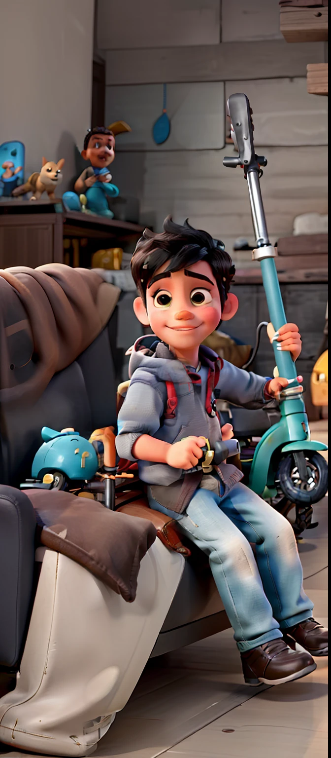boy sitting on a couch with a scooter in his hand, kid, riyahd cassiem, 2 , reyyan, cute boy, trying to ride it, little kioy, 4yr old, profile pic5 years old, high quality ually trying to ride it, john jude palencar, a picture