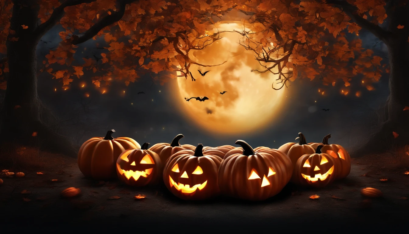 Fondo, con tematica de halloween, bosque oscuro con velas y calabazas en el suelo, la luna en el cielo.