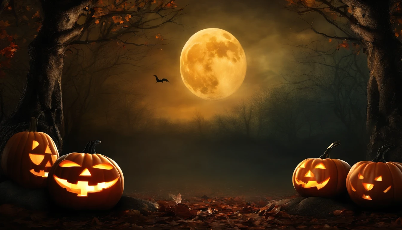 Fondo, con tematica de halloween, bosque oscuro con velas y calabazas en el suelo, la luna en el cielo.