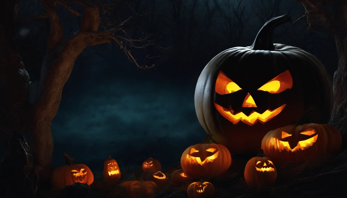 Fondo, con tematica de halloween, bosque oscuro con velas y calabazas en el suelo, la luna en el cielo.