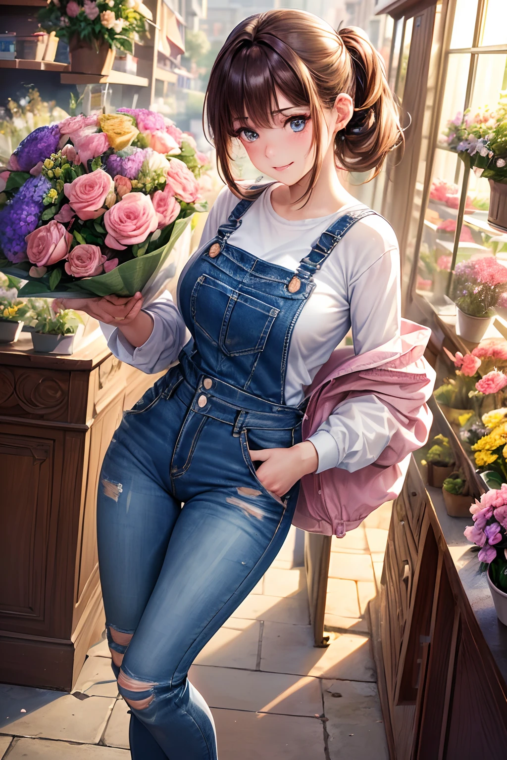 (masutepiece, Digital Art, Digital Illustration, 4K, 8K, Ultra-detailed, beautiful image, Sharp Image, Photorealistic, Raw photo, Perfect face, Perfect lines, Perfect eyes, Soft lighting) 1 woman, (Light brown hair color,Chignon Hair,Troubled face,embarrassed from,Kamimei,kawaii,delicate girls,Casual knit,damage denim,Denim skinny pants,Pink lips,natural make up,a ,Innocent big eyes,Height 147 cm,A 23-year-old girl,skinny,Short,clean:1.3),(1 cute girl in a suit and 1 handsome man:1.2), (ember,Men in suits,well-muscled,Firm shoulder width,Adult male,Boyish hairstyle,28-year-old man with bright smile:1.2),The sun's rays illuminate the room,Flower Shop,Florist's storefront,colorful flower,Surrounded by many flowers,Troubled face,Pretty girl in a florist,Girl Selling Flowers,Florist clerk and customer,Kissing,独奏,Full body painting,(One Girl And One Man:1.4),Cheek dyeing、gasping face、embarrassed、boredom、begging、Unhappy、Greedy expression,Shop at a florist,Date at the flower shop,Give a bouquet,floral arrangements,Unfold the construction paper and sketch,(damage denim,Street fashion,Oversized Blouson,Infant face:1.3),pinafore,At work,