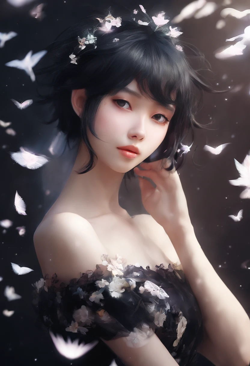 ((top-quality, 8K)), (Realistic), (Face focus: 1.1), (white and black: 1.3), kawaii girl, short-hair, 
Hair fluttering in the wind, Facing to the side, Look up at your face, Eyes closed, (Sleeveless: 1.1)、Skirt, d-cup breasts,