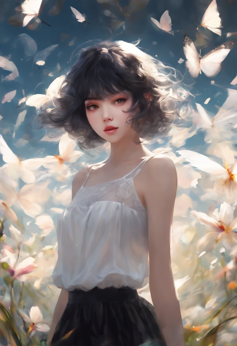 ((top-quality, 8K)), (Realistic), (Face focus: 1.1), (white and black: 1.3), kawaii girl, short-hair,
Hair fluttering in the wind, Facing to the side, Look up at your face, Eyes closed, (Sleeveless: 1.1)、Skirt, d-cup breasts,
