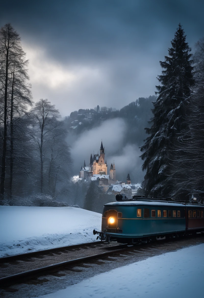 crie um banner no estilo Pixar  of a  german boy and two brothers sitting sideways on a ww2 bicycle on the foggy schwarzwald with tall silver firs in the foreground contemplating a locomotive train arriving at a german christmas village with timber framed houses and the neuschwanstein castle on the top of a hill with snowy mountains on the background with light rays shooting from dark cloudy sky
