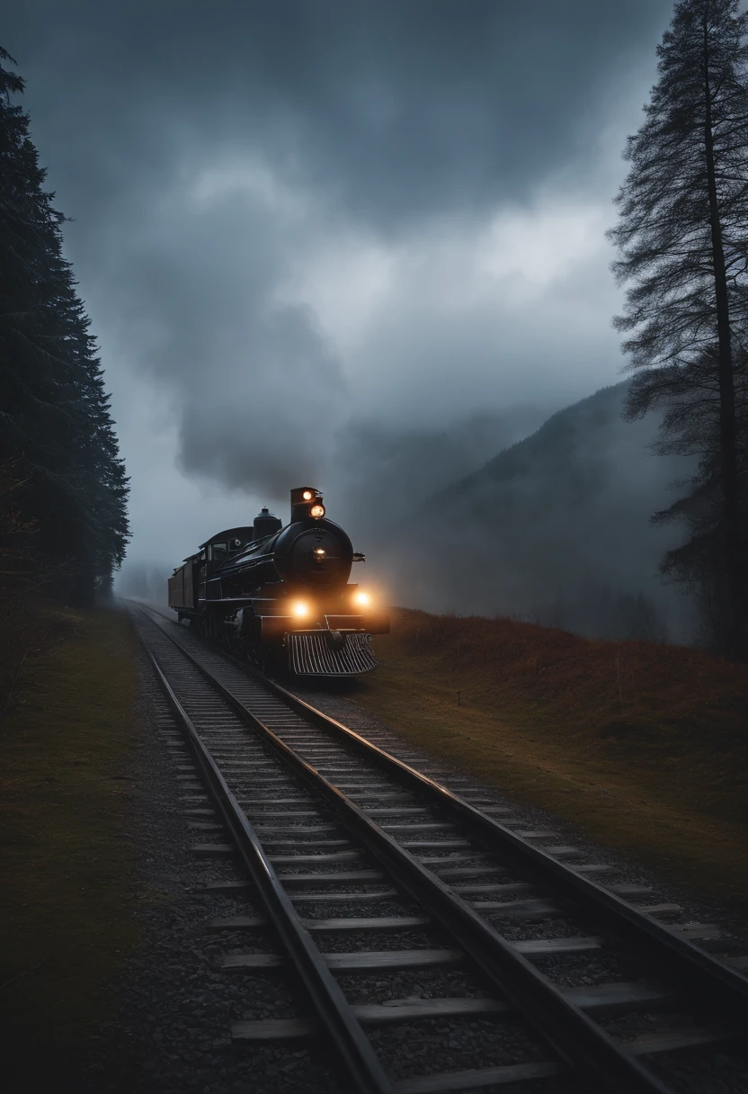 crie um banner no estilo Pixar of a teen german boy and two brothers sitting sideways on a ww2 bicycle on the foggy schwarzwald with tall silver firs in the foreground contemplating a locomotive train arriving at a german christmas village with timber framed houses and the neuschwanstein castle on the top of a hill with snowy mountains on the background with light rays shooting from dark cloudy sky
