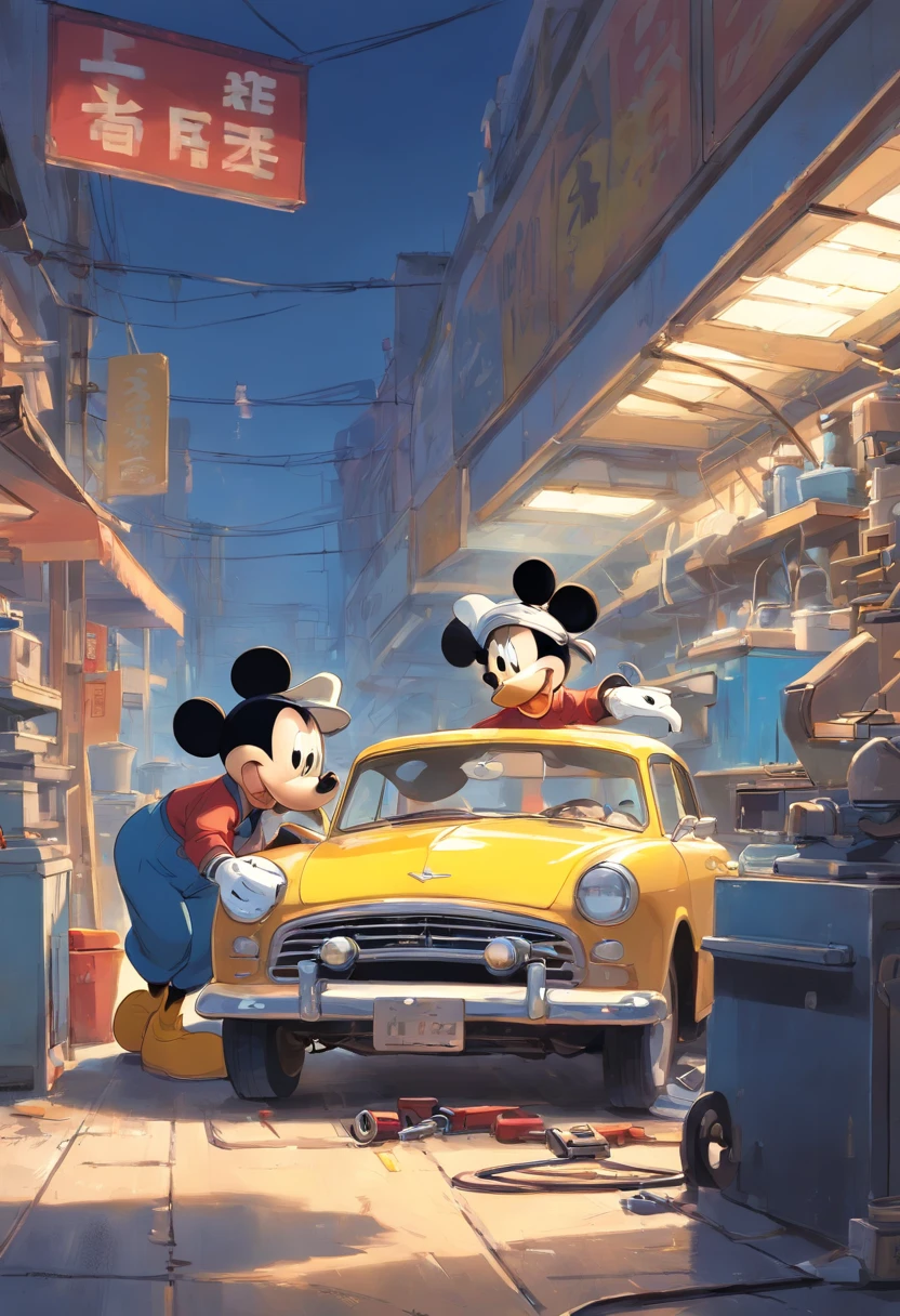 "Masterpiece illustration of Mickey Mouse and Donald Duck repairing cars as skilled mechanics, With perfect body proportions and impeccable detailing of the head, High- sharpness."