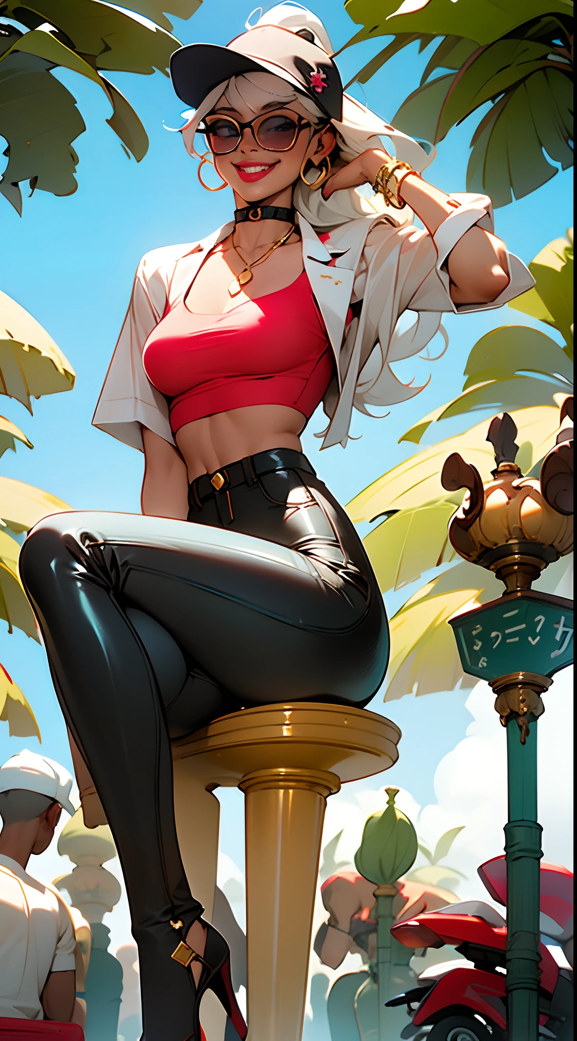 tmasterpiece,(tmasterpiece,top-quality,best qualityer),1girll, jewely, long whitr hair, Golden hair,Black color hair,Silvery-white hair,Maroon hair, 独奏, 耳Nipple Ring, ssmile, motorvehicle, choker necklace, sun glasses, looking at viewert, bangle, The Car, A plant, high-waist pants, groundvehicle, Sat down, exteriors, daysies, nedium breasts,Open navel, The shirt, dark skinned female, Colored glasses, longer sleeves, buliding, Dark skin,, parted lip, hoop earings, circle glasses, Estampados florales, choker necklace,grinning smile,a black choker,collars,Laser cloth,Sexy bikini,holy rays,gold foil,Gold leaf art,glitter drawing,Correct anatomy,Detailed face, Detailed eyes,blindfolds,Cat hat,
