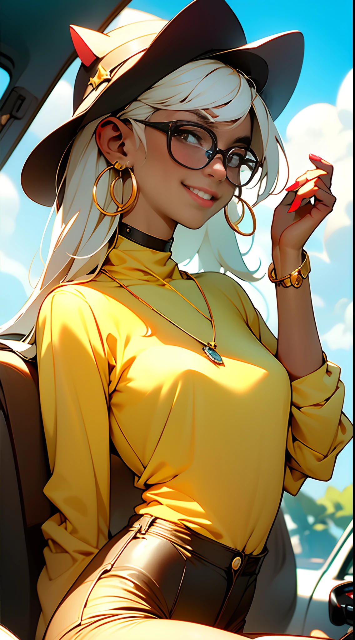 tmasterpiece，（tmasterpiece，top-quality，best qualityer），1girll， jewely， long whitr hair， Golden hair，Black color hair，Silvery-white hair，Maroon hair， 独奏， 耳Nipple Ring， ssmile， motorvehicle， choker necklace， sun glasses， looking at viewert， bangle， The Car， A plant， high-waist pants， groundvehicle， Sat down， exteriors， daysies， nedium breasts，Open navel， The shirt， dark skinned female， Colored glasses， longer sleeves， buliding， Dark  skin，， parted lip， hoop earings， circle glasses， Estampados florales， choker necklace，grinning smile，a black choker，collars，Laser cloth，Sexy bikini，holy rays，gold foil，Gold leaf art，glitter drawing，Correct anatomy，Detailed face, Detailed eyes，blindfolds，Cat hat，