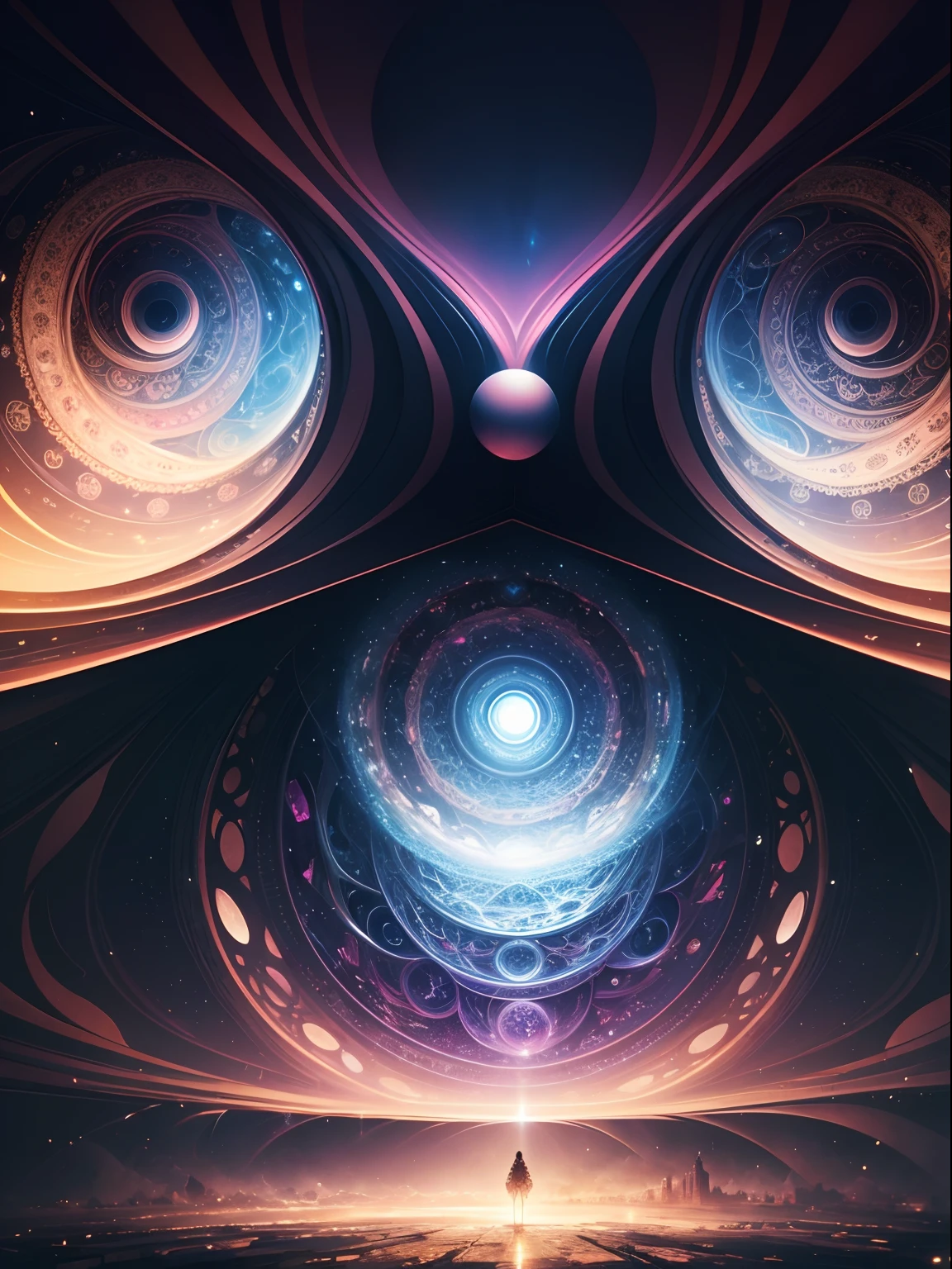 generate an illustration in the magical realism and visionary genre of a city in the midst of some supernatural/psychological phenomenon, reality bends and distorts from a curved perspective, melting, and layers of ever-shifting multi-coloured patterns and fractals, reflecting the illusion of perception in the pursuit of a grander absolute truth. Immense, terrifying, awe inspiring cinematic scene, masterpiece, 8k, high res, dramatic, no humans, mandala pattern.