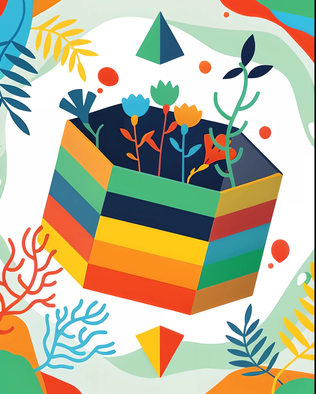 Illustration of a colorful box,There are plants and flowers inside, editorial illustration colorful, inspired by Okuda Gensō, Colorful illustration, colorful illustrations, colorful concept art, graphic of enchanted terrarium, colorful kids book illustration, isometric illustration fun, colourful flat surreal design, colourful flat surreal design, Colorful picture, inspired by Kubisi art, botanical rainbow backdrop