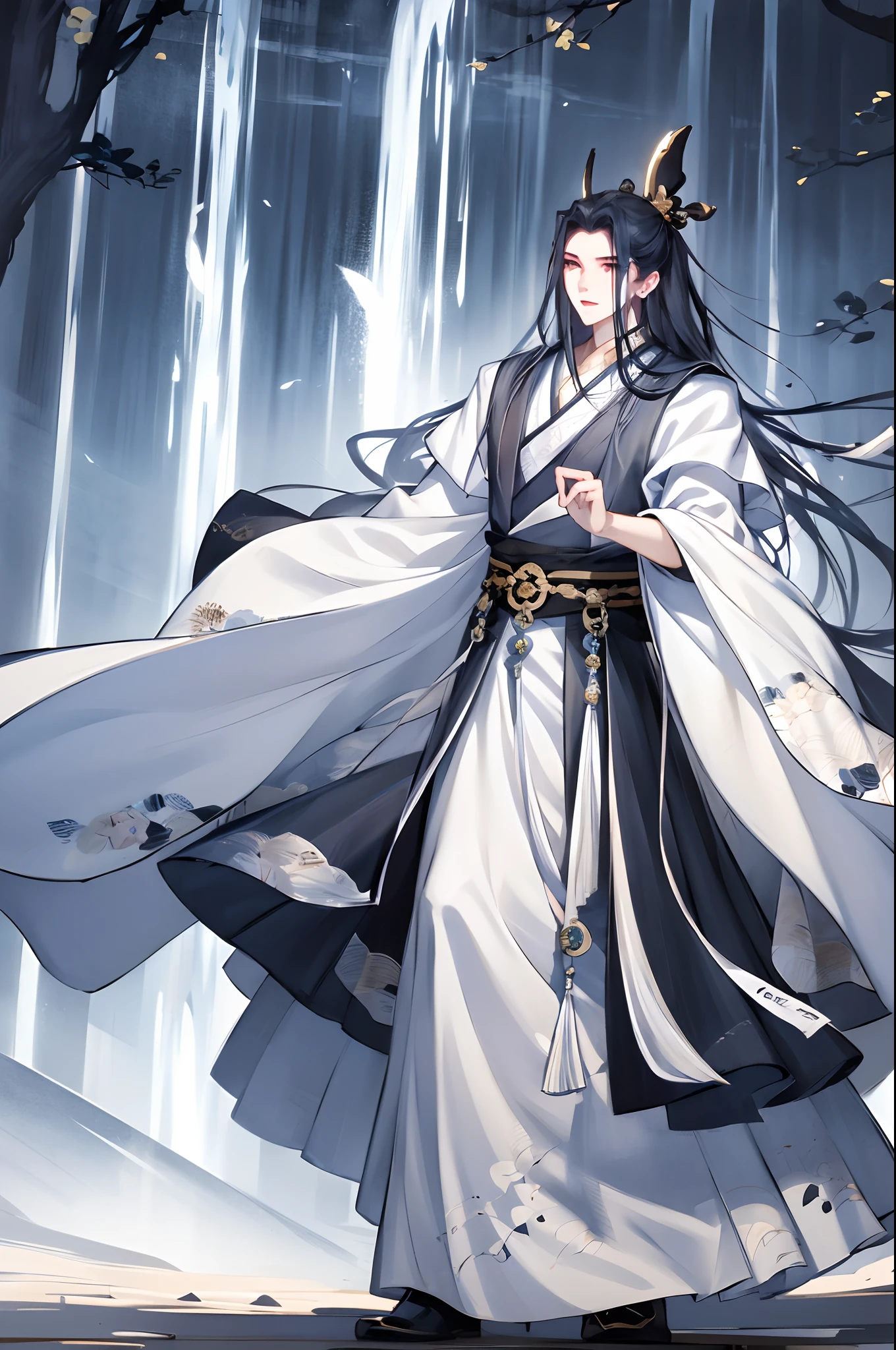 1boys, 独奏，（the night：1.2）long whitr hair, Blue eyes, Chinese clothes，Hanfu，mont，waterfallr，florals，The tree，florals，dynamic shot，dynamicposes，