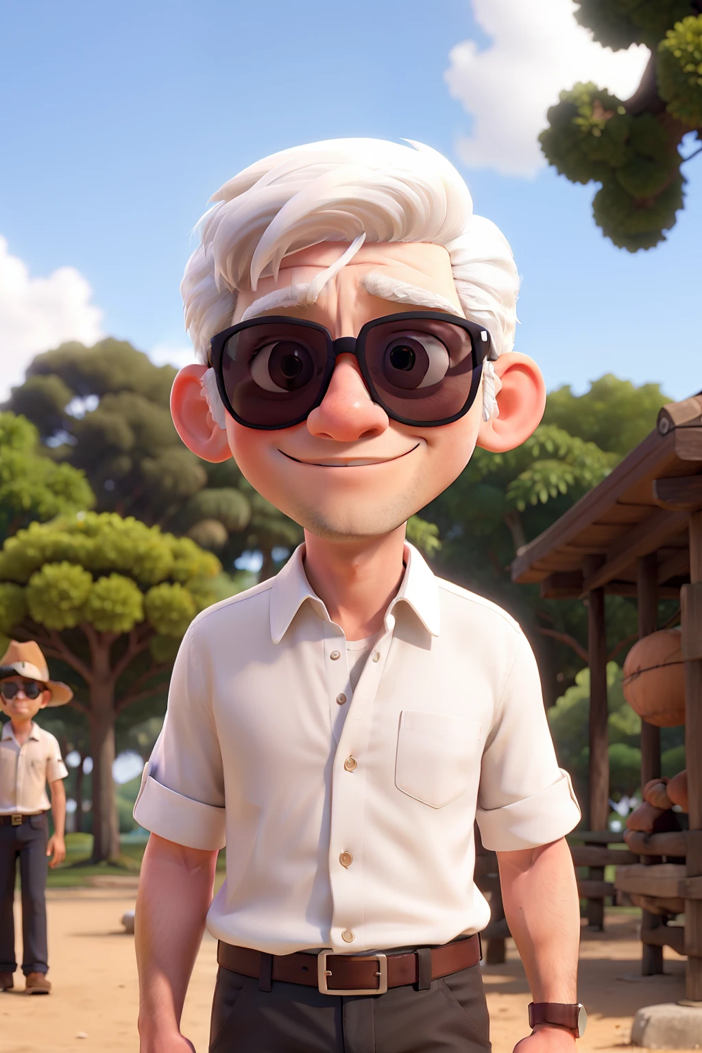 Man white hair and sunglasses, cabelo marrom, de pe no parque
