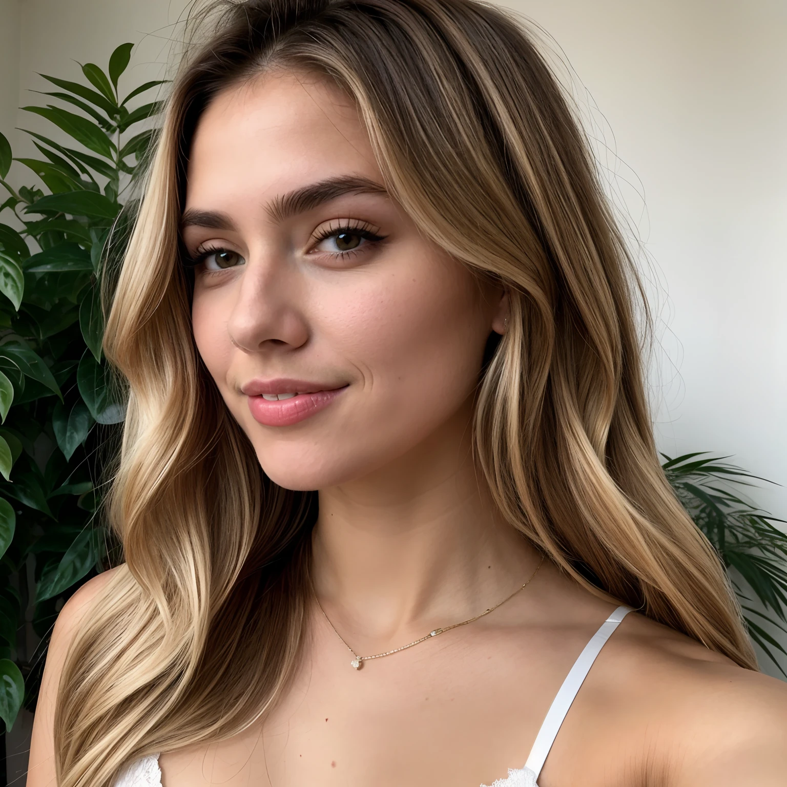 A 20-year-old blonde woman, ((pecho mediano grande)), lounge, ((hiperrealismo)) escote, juguetona, Pelo muy largo, Hair with light brown roots, full body, Light brown hair roots, blonde hair, fondo naturaleza, flores, pasto, luz del sol en la cara, cabello extra largo, ropa elegante, ropa elegante, Selfie, foto tomada con iPhone, Selfie, Imagen del modelo, Pose del modelo, Artistic photo, Closeup, elegant bra