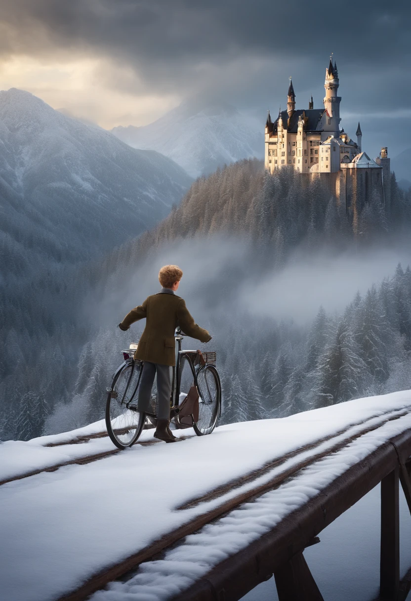 3d pixar animation style poster of a teen boy with blonde curly hair german boy waring ww2 overcoat with his younger brother sitting sideways on his ww2 bicycle standing on top of a tall hill on the foggy schwarzwald with tall silver firs in the foreground contemplating snow starting to fall on a christmas german village with timber framed houses, a steam train station and the neuschwanstein castle on the top of a hill with snowy mountains on the background with volumetric light rays shooting from dark cloudy sky