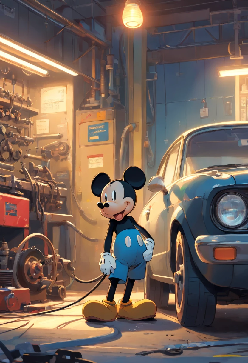 The masterpiece Mickey Mouse plays a mechanic who repairs a car, Perfect body, perfect head,  hdd, Anthropomorphic, Black furry body, Toned body, a toned abdomen, mouse tail, Naked, Naked all over the body