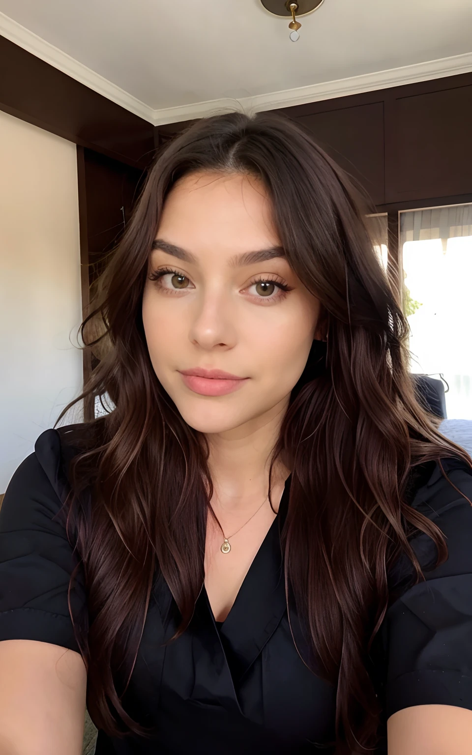 22-year-old woman, ein elegantes Erscheinungsbild. she is lying on her back on a bed. die kamera kommt von oben. My brown hair falls in long waves over my shoulders and frames my face and emphasizes my green eyes. Meine vollen, red lips are shaped into a smile. My snub nose is covered with freckles, which contrast with my tanned skin. Meine Augenbrauen sind dick und dunkel, gives me a seductive look. Meine Wangenknochen sind hoch und definiert, und meine Wimpern sind lang und geschwungen. zeigt meine Kurven. the model is wearing a black dress, Her hair is open and her makeup is light and natural. she seems happy. she has white teeth.