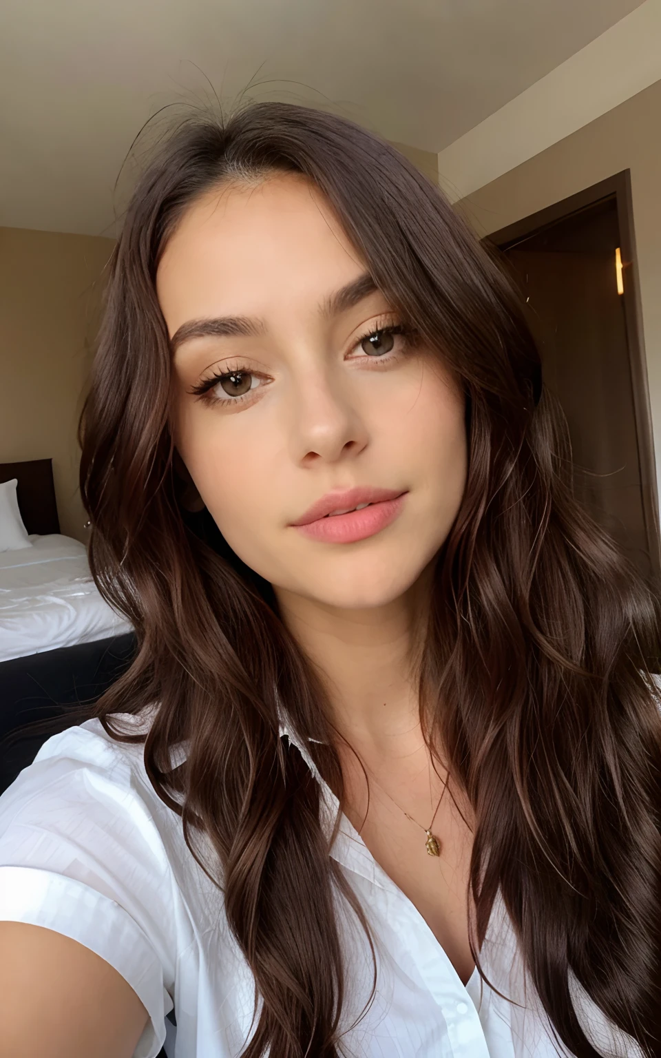 Beautiful girl with a Venezuelan face, long wavy hair with short shiny outfit