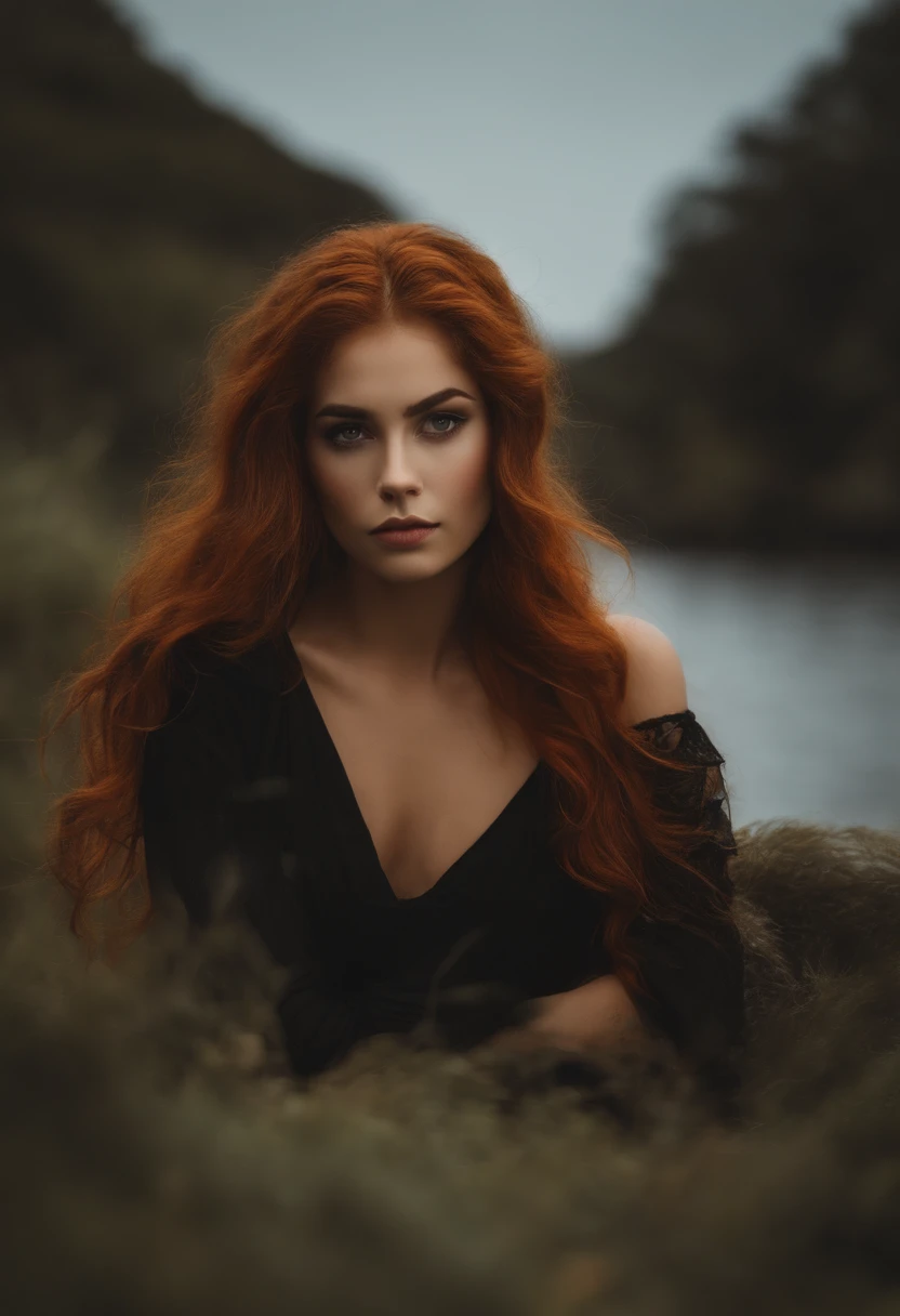 uma foto realista de uma mulher ruiva, vestido um sobretudo preto