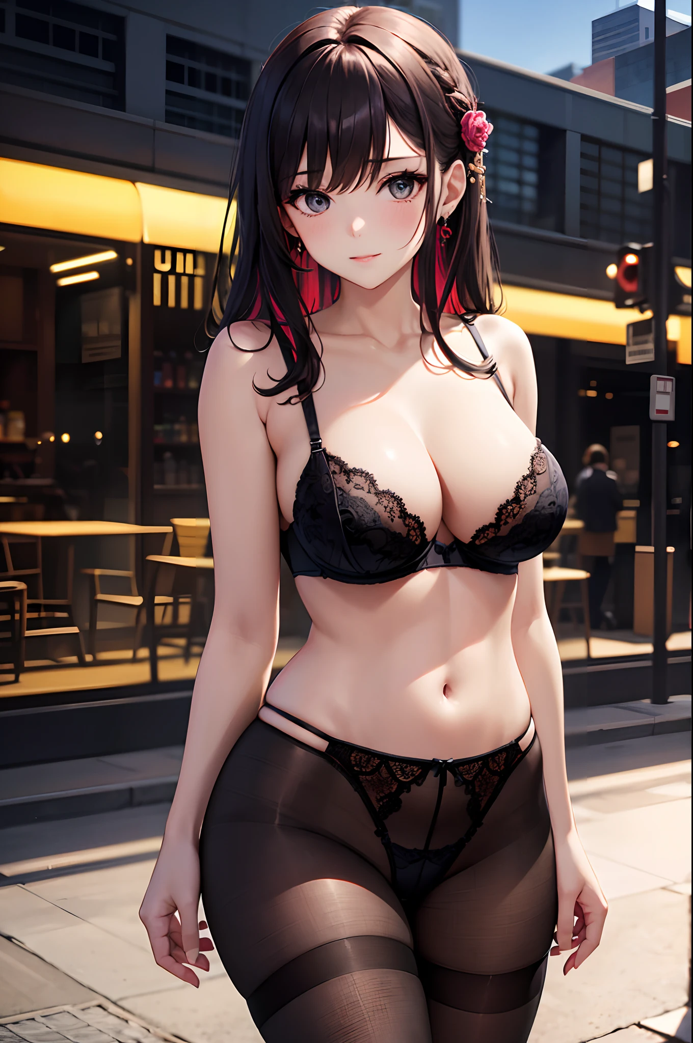 1girl, absurdres, high res, extremely detailed ultrasharp, 8K, masterpiece, city background, looking at viewer, human, thighs, breasts, big breasts, sideboob, long hair, multicolored hair, makeup, bra, open jacket, panties, pantyhose, garter straps, panties under pantyhose, ear piercings, straps, hair ornament, transparent