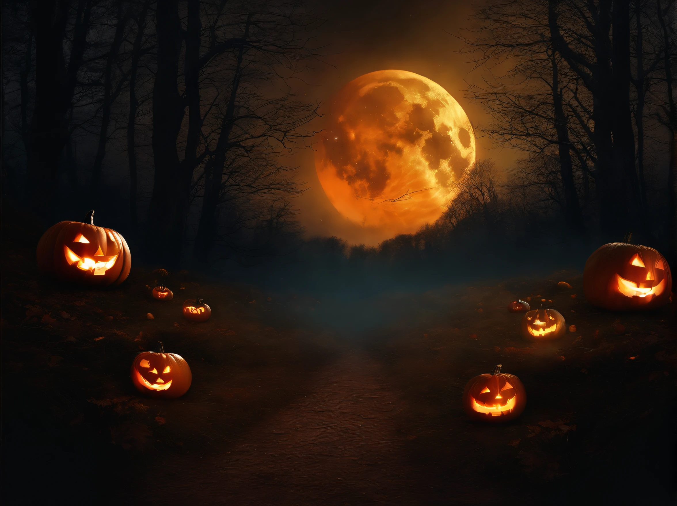 Fondo, con tematica de halloween, bosque oscuro con velas y calabazas en el suelo, la luna en el cielo.