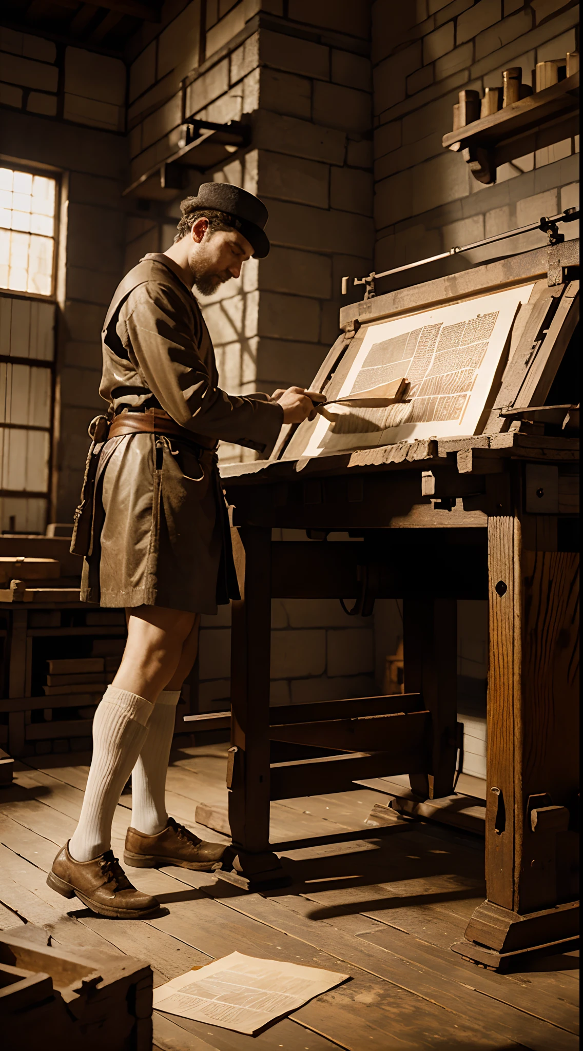 A painting of Johannes Gutenberg printing the first Bible using his printing press.