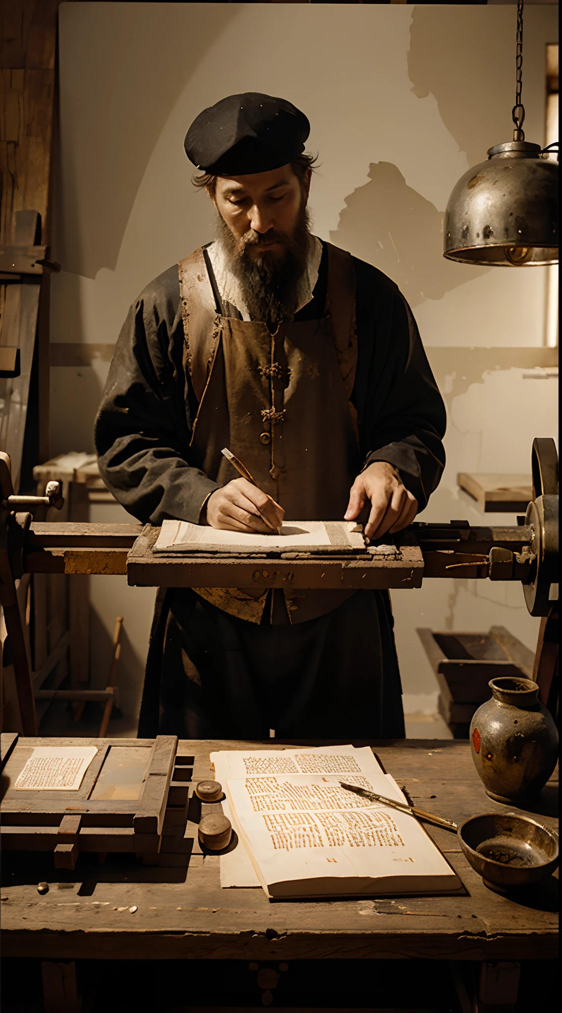 A painting of Johannes Gutenberg printing the first Bible using his printing press.