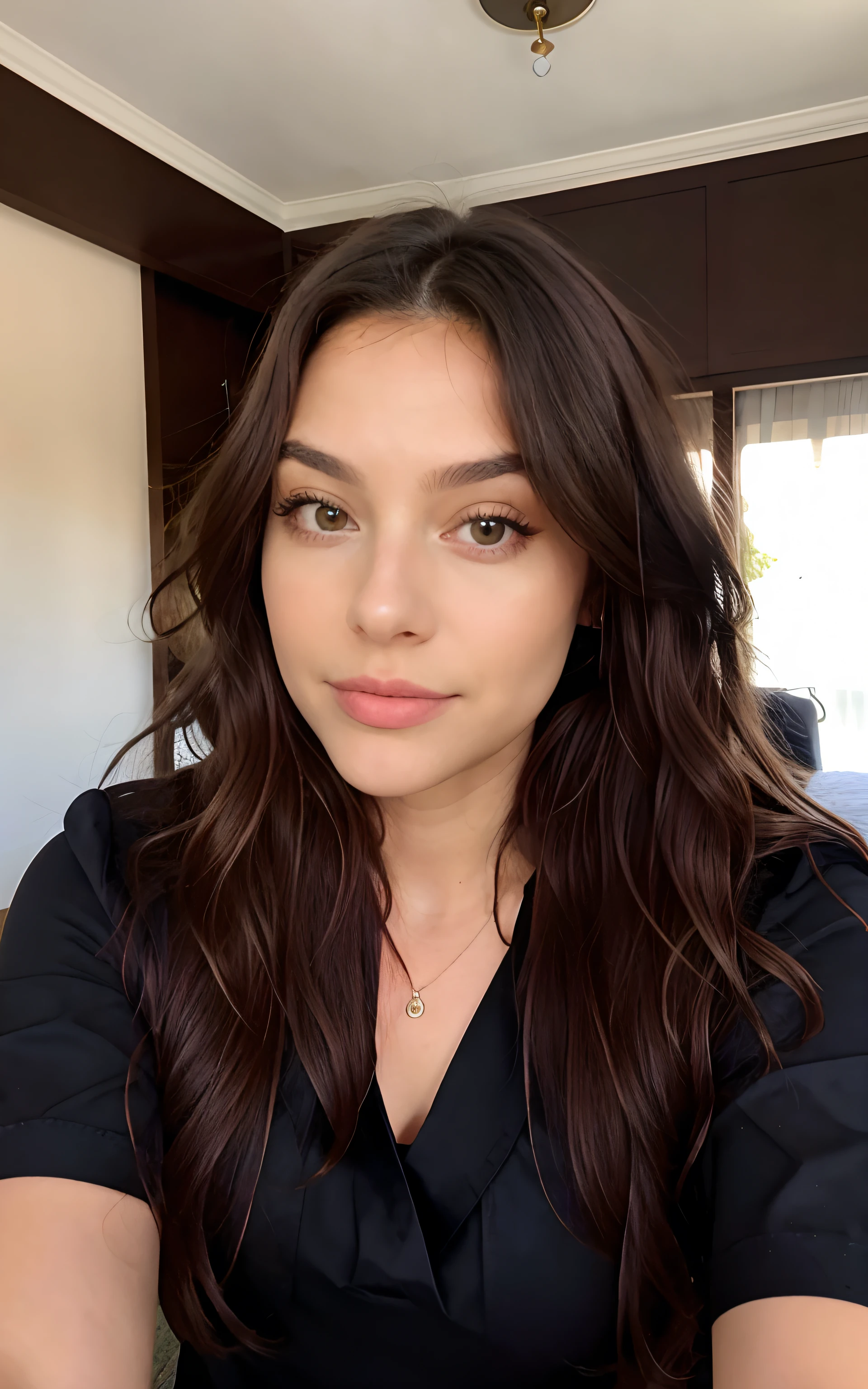1 femme, long Wavy Hair, dark brown eyes, nature, top, jupe courte, room, selfie