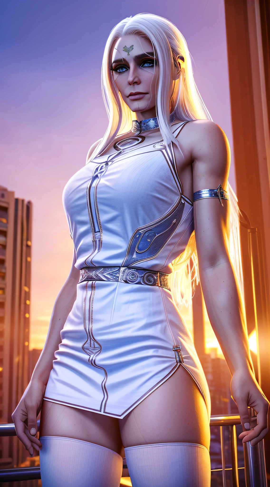 (masterpiece, best quality:1.3), BGDameAylin, 1girl, solo, long hair, white hair, white eyes, cityscape, sexy minidress, stockings, sundown