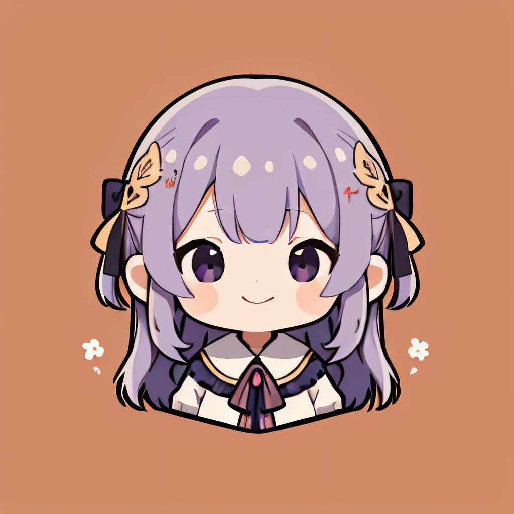 超A high resolution, nffsw, Best aesthetic, Best Quality, masutepiece, Flat Avatar, Perfect litthing、(colourfull、vivd colour: 1.4)、outside of house、Has iridescent hair, is shy.Girl with shining eyes with cotton candy, A smile, hair adornments, Chibi, simple background, Purple hair, 耳环, X Hair Ornament, jewely, side locks, large oval eyes,Flat Avatar, A smile, head shot, simple background,